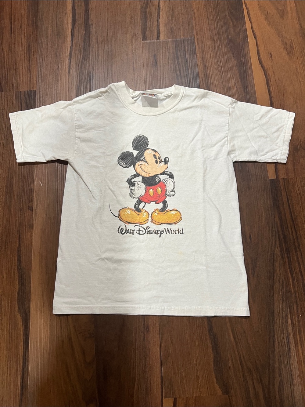 Disney White Mickey Mouse Graphic Tee with Red & Yellow Accents
